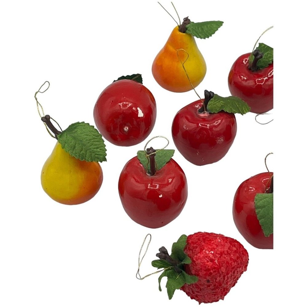 12 Christmas Ornaments Shiny Apples & Pears Glitter Strawberries Green Leaf - Picture 9 of 11